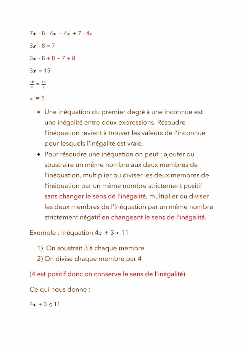 Math - Equation et inéquations du
premier degré
• Pour résoudre une équation du premier degré à une
inconnue, il faut trouver la ou les vale