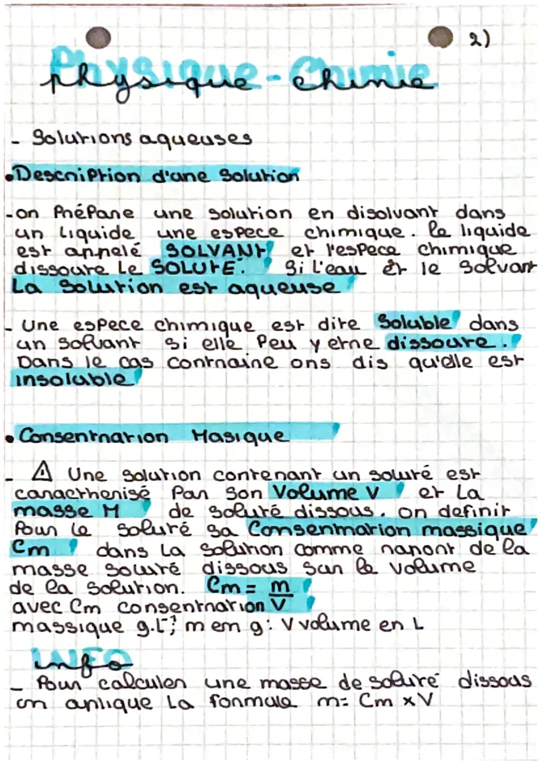 physique-Chinie
Solutions aqueuses.
•Description d'ane Solution
-on Préfane une solution en disolvant dans
une espece chimique. le liquide
S