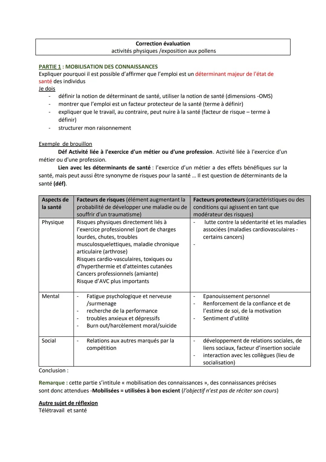 PARTIE 1: MOBILISATION DES CONNAISSANCES
Expliquer pourquoi il est possible d'affirmer que l'emploi est un déterminant majeur de l'état de
s