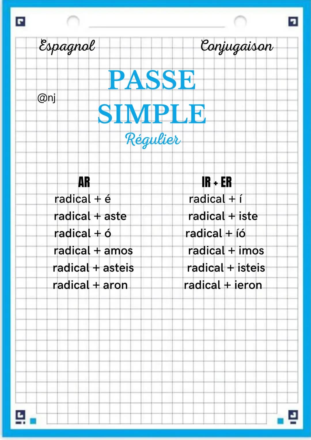 G
Ji
L
Espagnol
@nj
Conjugaison
PASSE
SIMPLE
Régulier
AR
radical + é
radical + aste
radical + ó
radical + amos
radical + asteis
radical + ar