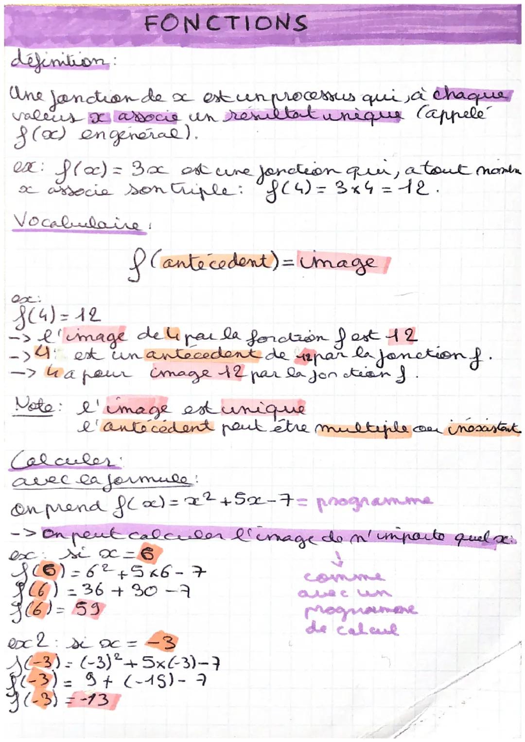 FONCTIONS
définition:
Ane fonction de x est un processus qui, à chaque
valeus x associe un resultat unique Cappelé
х
f(x) en general).
ex: f