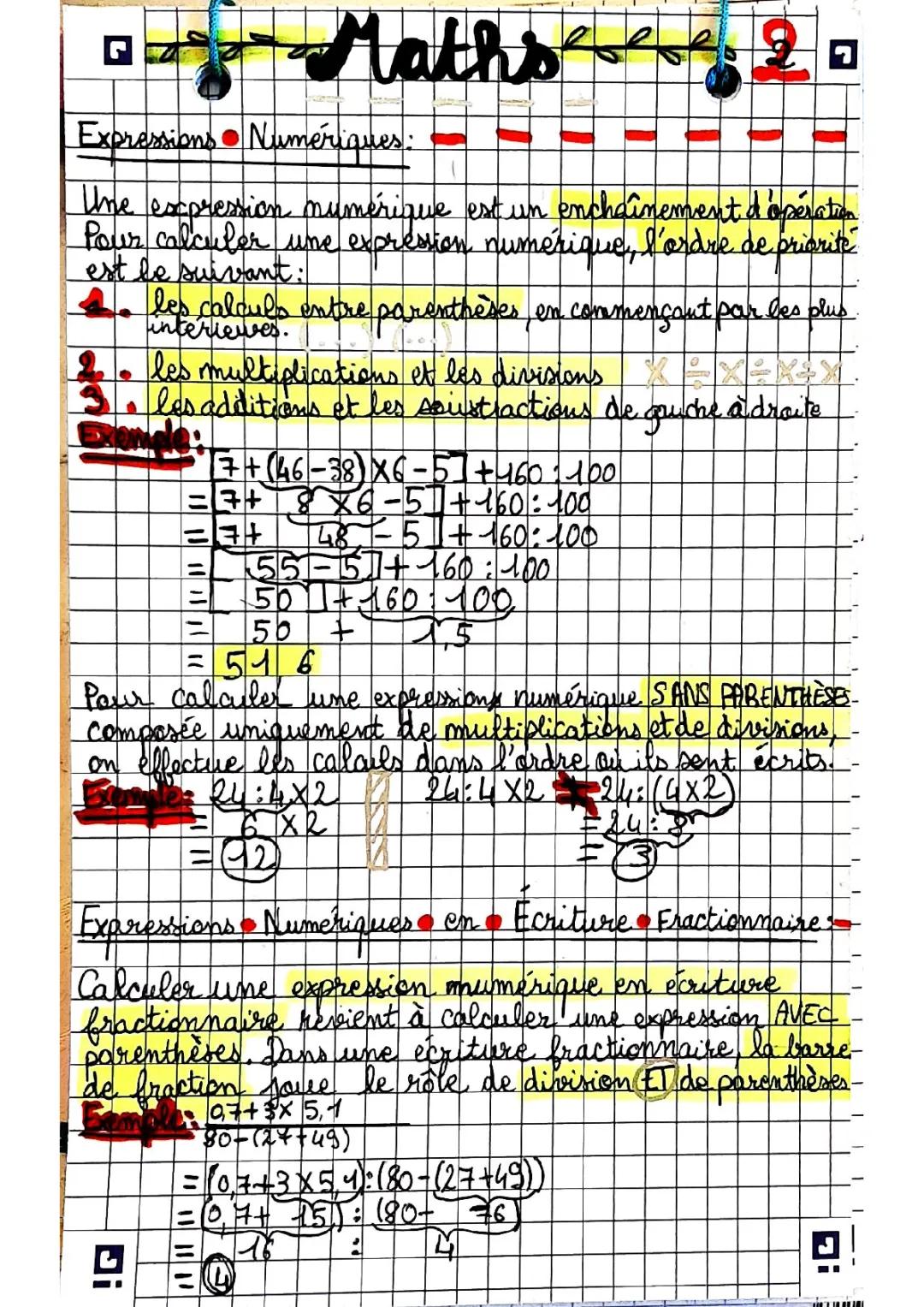 Expressions Numériques et Fractions: Exemples et Exercices Corrigés 5ème et 6ème