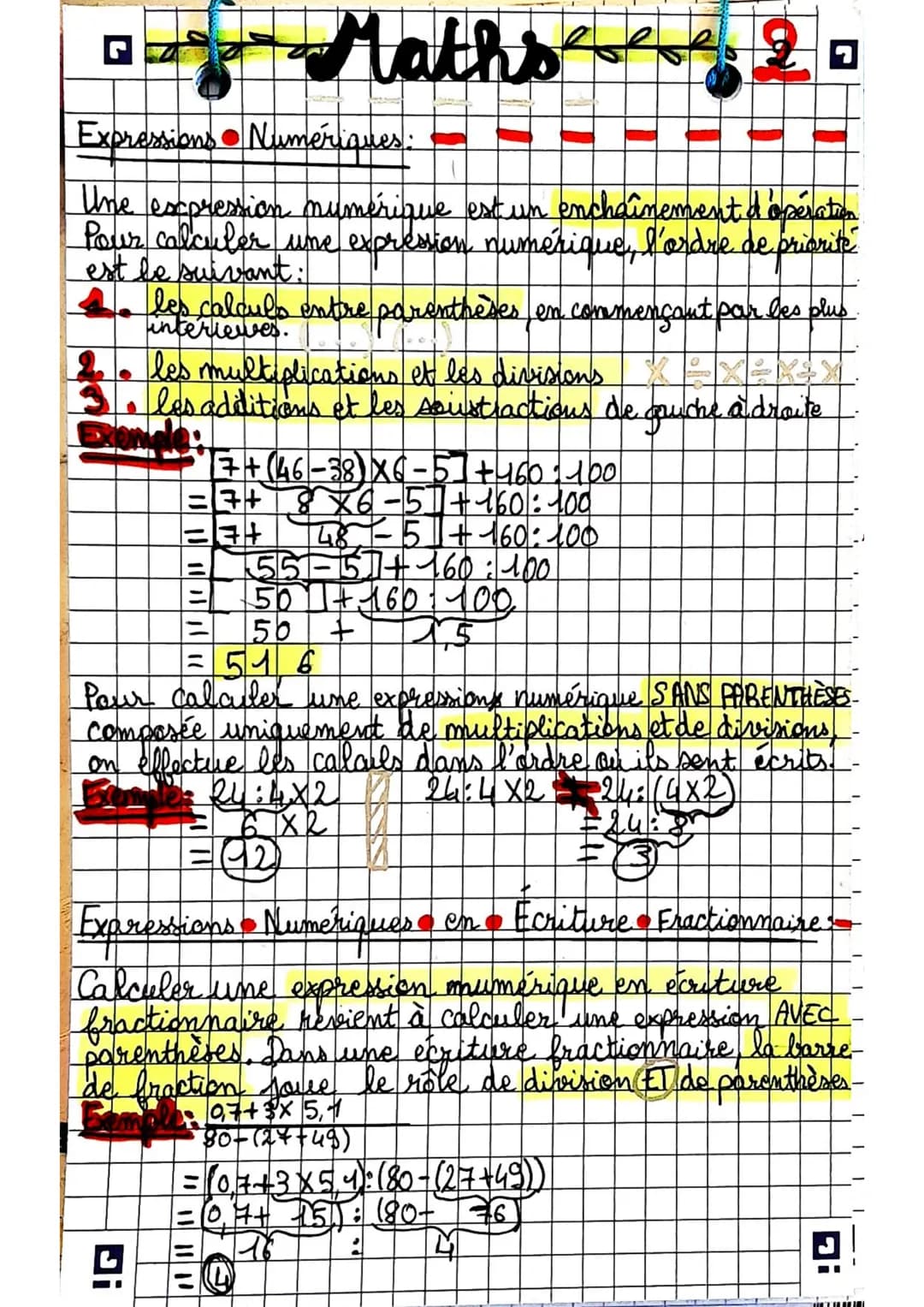 Expressions Numériques:
Une expression numérique est un enchaînement d 'opération
Pour calculer une expression numérique, l'ordre de priorit