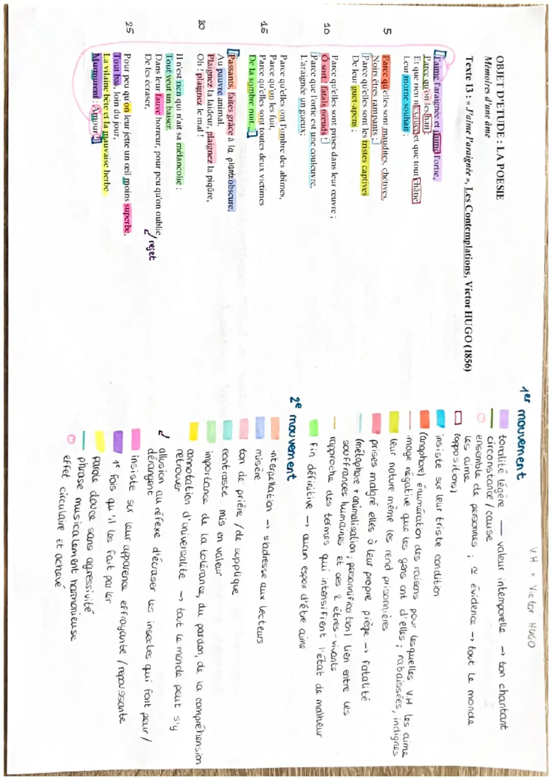 5
10
15
20
25
OBJET D'ETUDE: LA POESIE
Mémoires d'une âme
Texte 13: « J'aime l'araignée », Les Contemplations, Victor HUGO (1856)
J'aime l'a