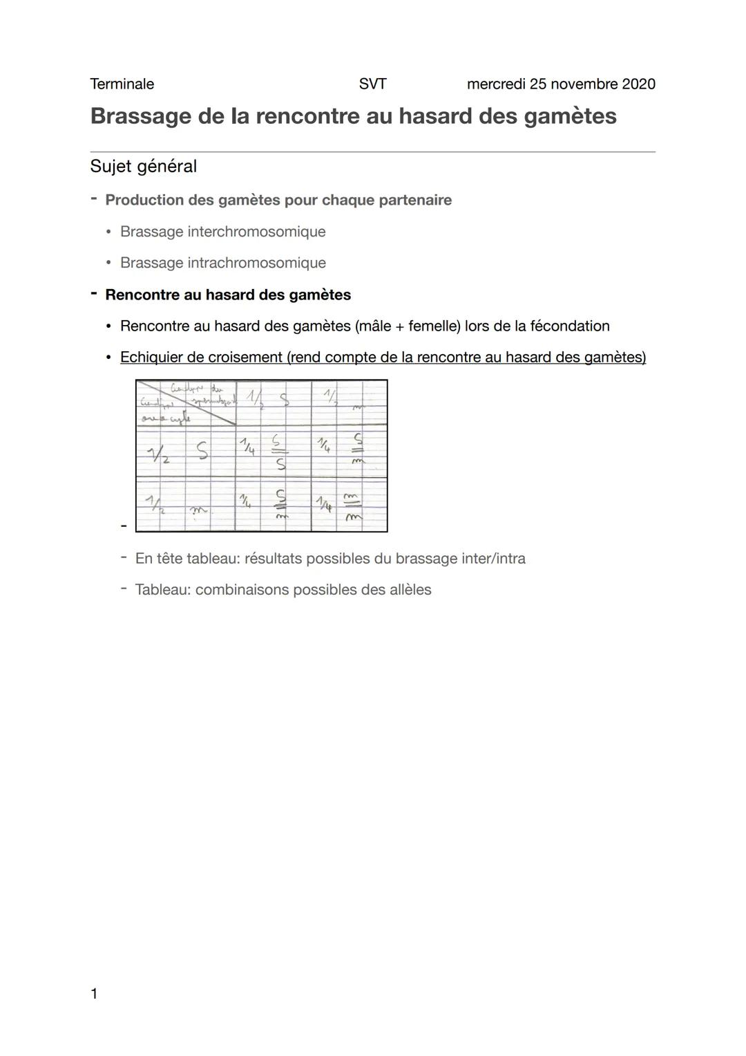 Terminale
SVT
mercredi 25 novembre 2020
Brassage de la rencontre au hasard des gamètes
Sujet général
Production des gamètes pour chaque part