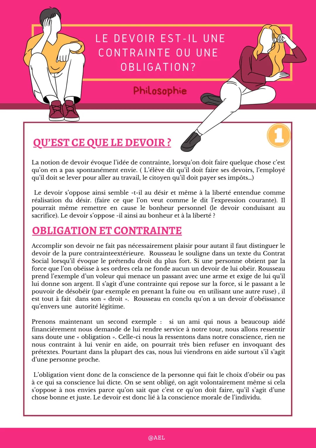 LE DEVOIR EST-IL UNE
CONTRAINTE OU UNE
OBLIGATION?
Philosophie
1
QU'EST CE QUE LE DEVOIR?
La notion de devoir évoque l'idée de contrainte, l