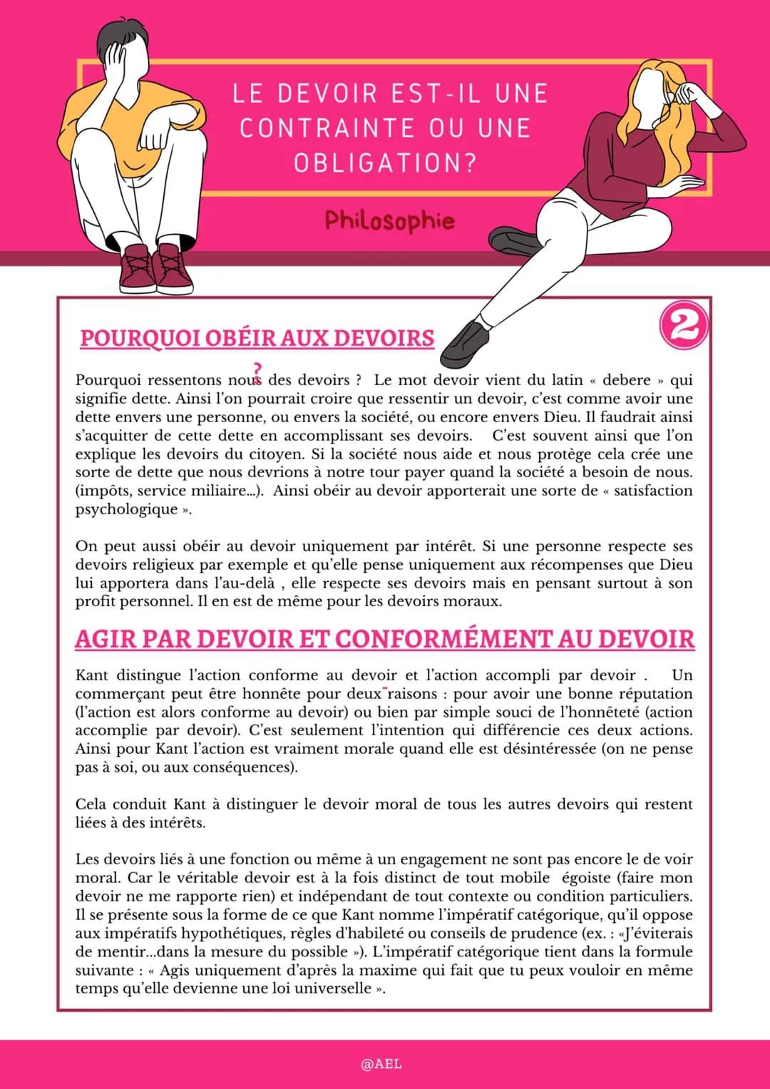 LE DEVOIR EST-IL UNE
CONTRAINTE OU UNE
OBLIGATION?
Philosophie
1
QU'EST CE QUE LE DEVOIR?
La notion de devoir évoque l'idée de contrainte, l