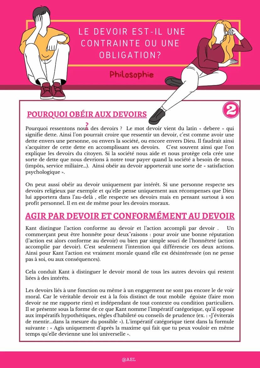 LE DEVOIR EST-IL UNE
CONTRAINTE OU UNE
OBLIGATION?
Philosophie
1
QU'EST CE QUE LE DEVOIR?
La notion de devoir évoque l'idée de contrainte, l