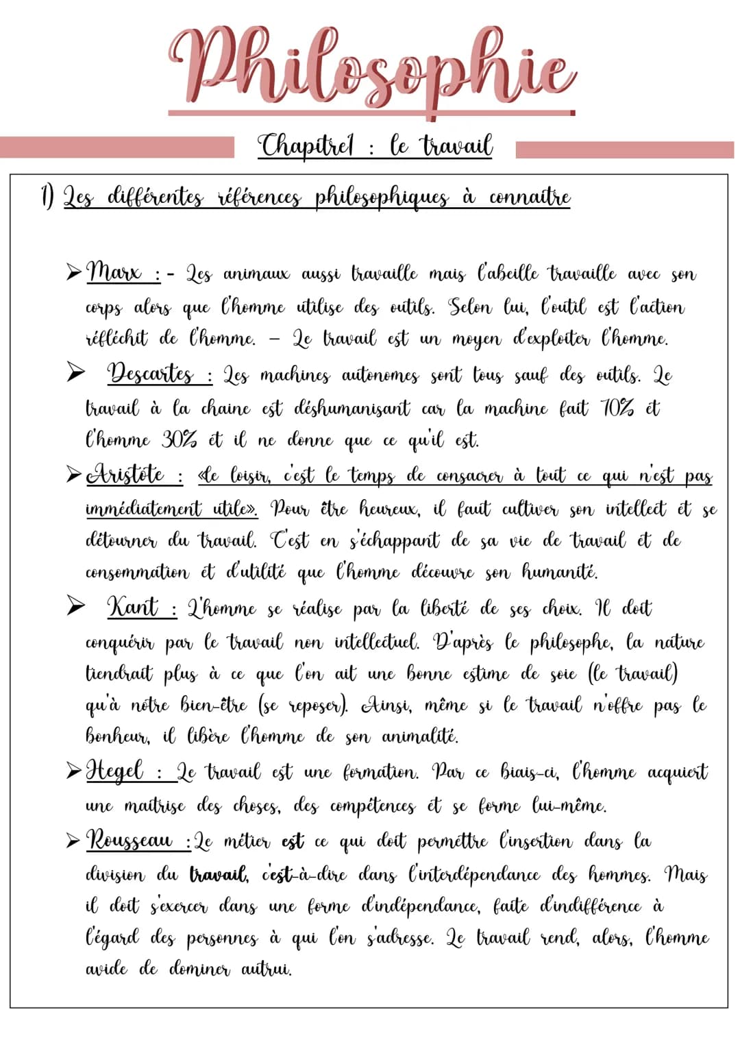 Philosophic
Chapitrel le travail
:
1) Les différentes références philosophiques à connaitre
- Marx : - Les animaux aussi travaille mais l'ab