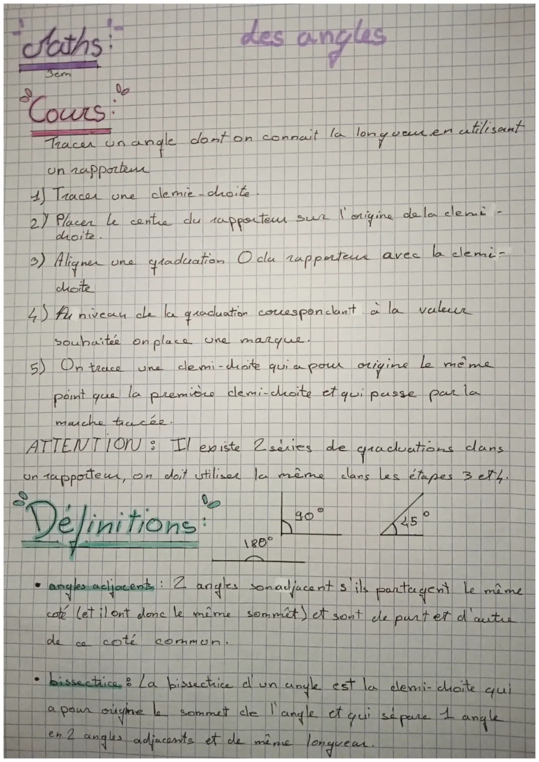 Maths
3cm
3) Aligner
choite
Cours:
Tracer un
un rapportem
1) Tracer one
clemie-choite
2) Placer le centre du rapporteur sur l'origine de la 