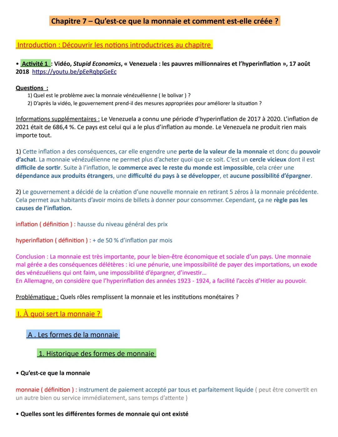 Chapitre 7 - Qu'est-ce que la monnaie et comment est-elle créée ?
Introduction : Découvrir les notions introductrices au chapitre
• Activité