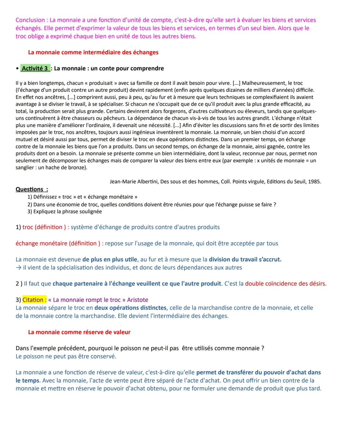 Chapitre 7 - Qu'est-ce que la monnaie et comment est-elle créée ?
Introduction : Découvrir les notions introductrices au chapitre
• Activité