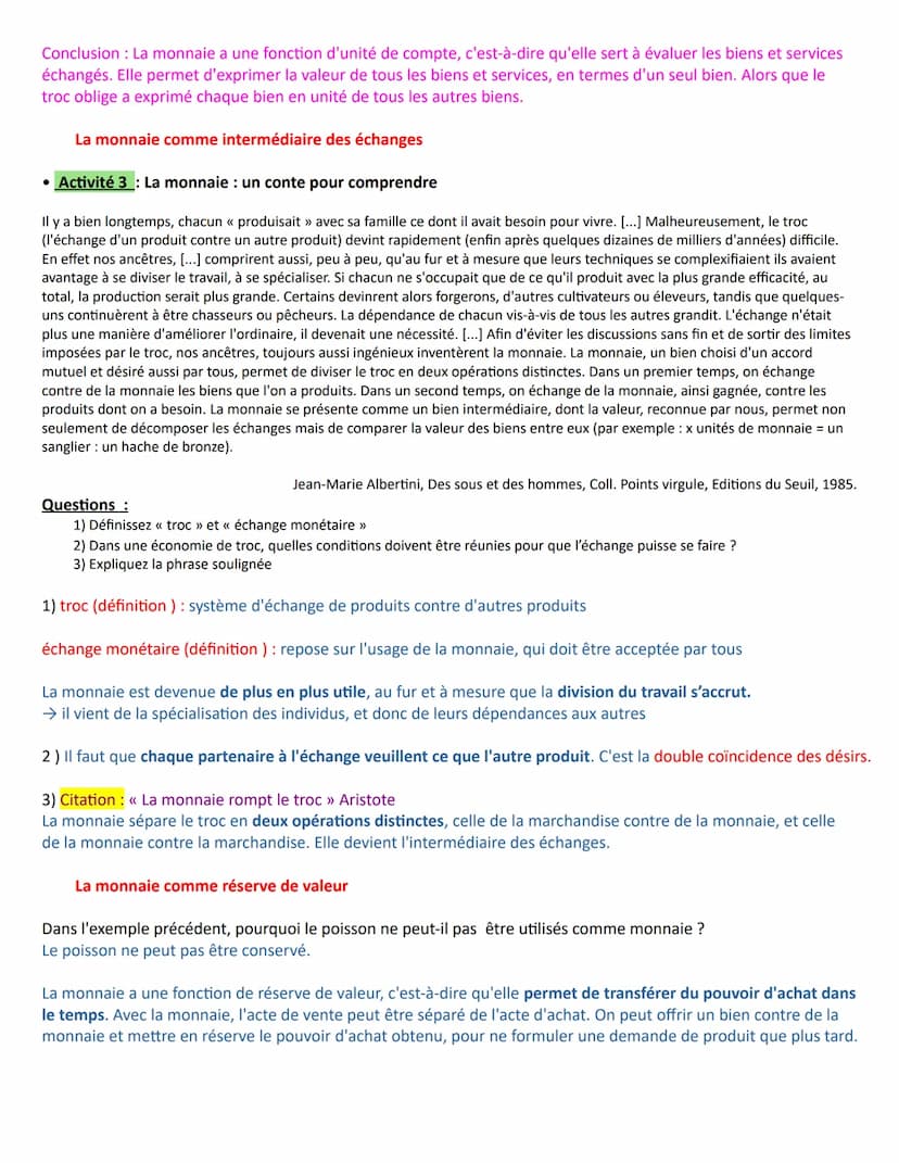 Chapitre 7 - Qu'est-ce que la monnaie et comment est-elle créée ?
Introduction : Découvrir les notions introductrices au chapitre
• Activité