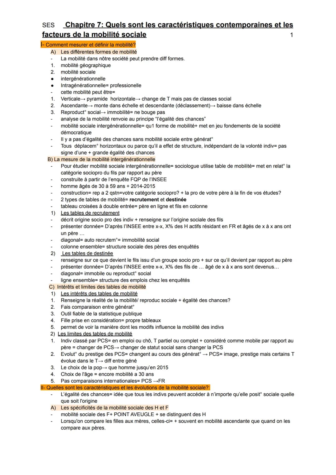 SES Chapitre 7: Quels sont les caractéristiques contemporaines et les
facteurs de la mobilité sociale
1
1- Comment mesurer et définir la mob