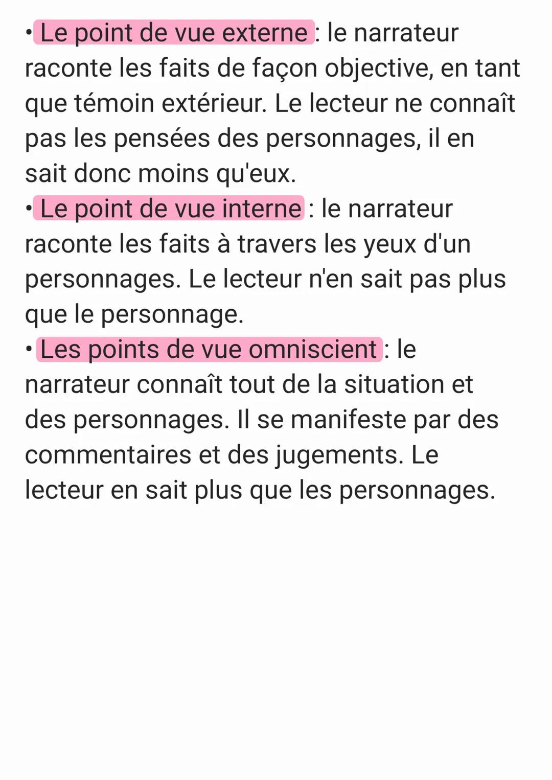 • Le point de vue externe : le narrateur
raconte les faits de façon objective, en tant
que témoin extérieur. Le lecteur ne connaît
pas les p