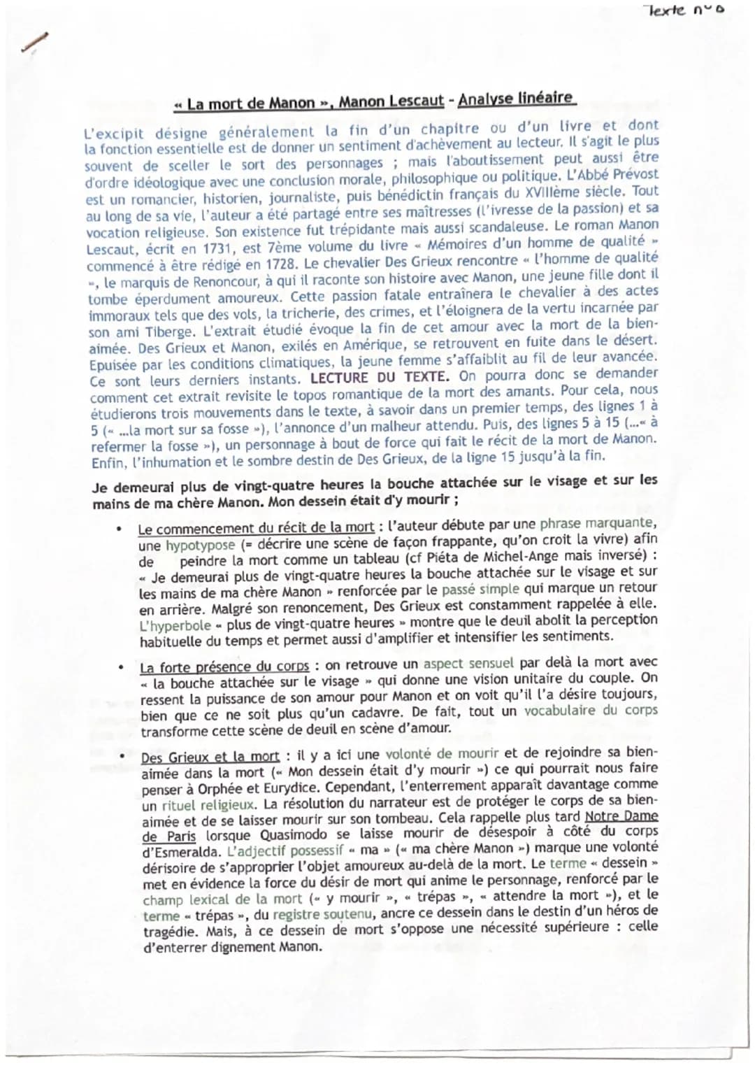 Texte nºo
«La mort de Manon », Manon Lescaut - Analyse linéaire
L'excipit désigne généralement la fin d'un chapitre ou d'un livre et dont
la
