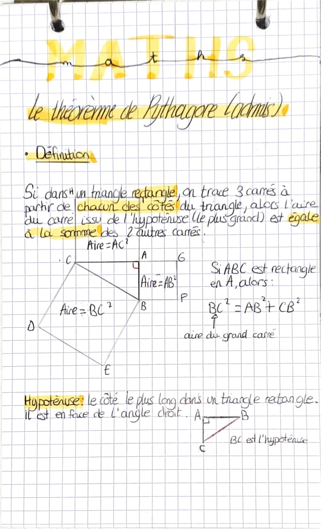 ●
le the creme de Pythagore (ochmus)
Definition
D
Si dans" un triangle rectangle, on trace 3 camés à
partir de chacun cles côtes du triangle
