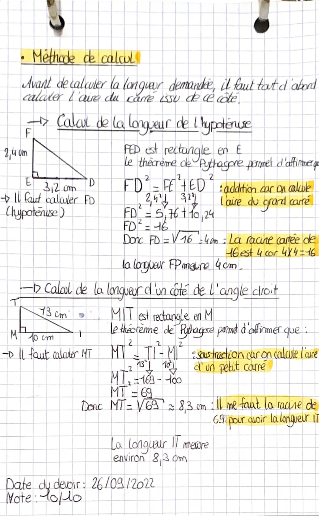 ●
le the creme de Pythagore (ochmus)
Definition
D
Si dans" un triangle rectangle, on trace 3 camés à
partir de chacun cles côtes du triangle