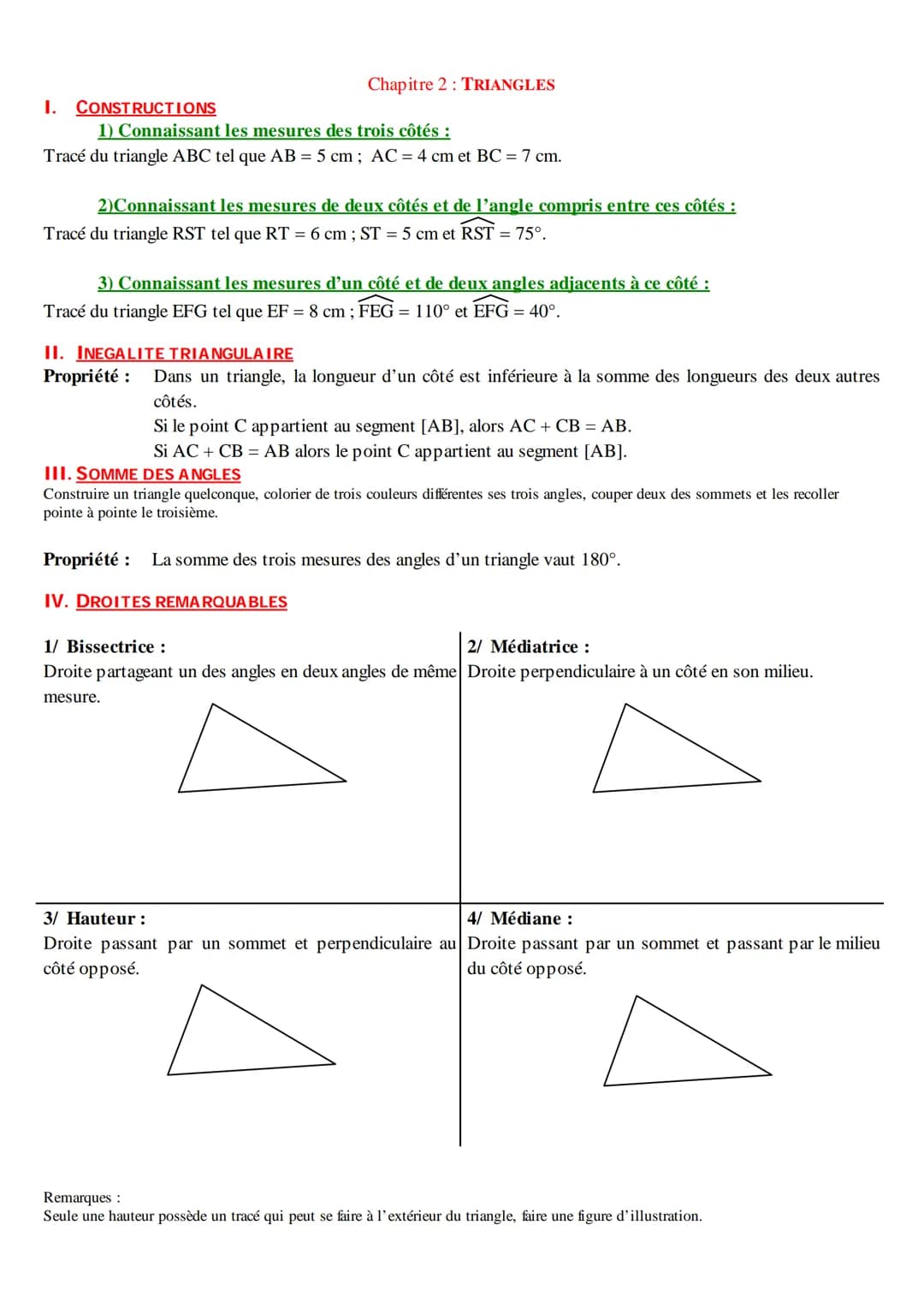 I. CONSTRUCTIONS
Chapitre 2 : TRIANGLES
1) Connaissant les mesures des trois côtés :
Tracé du triangle ABC tel que AB = 5 cm; AC = 4 cm et B