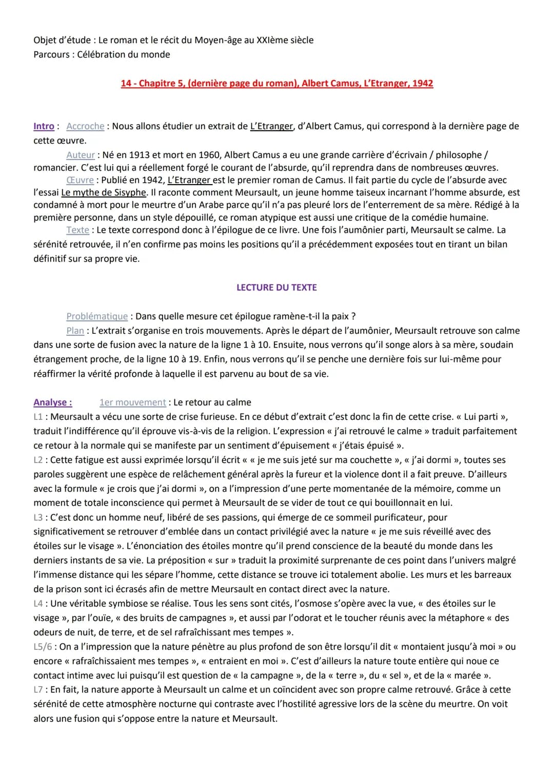 Analyse linéaire Chapitre 5, (Excipit), Albert Camus, L’Etranger