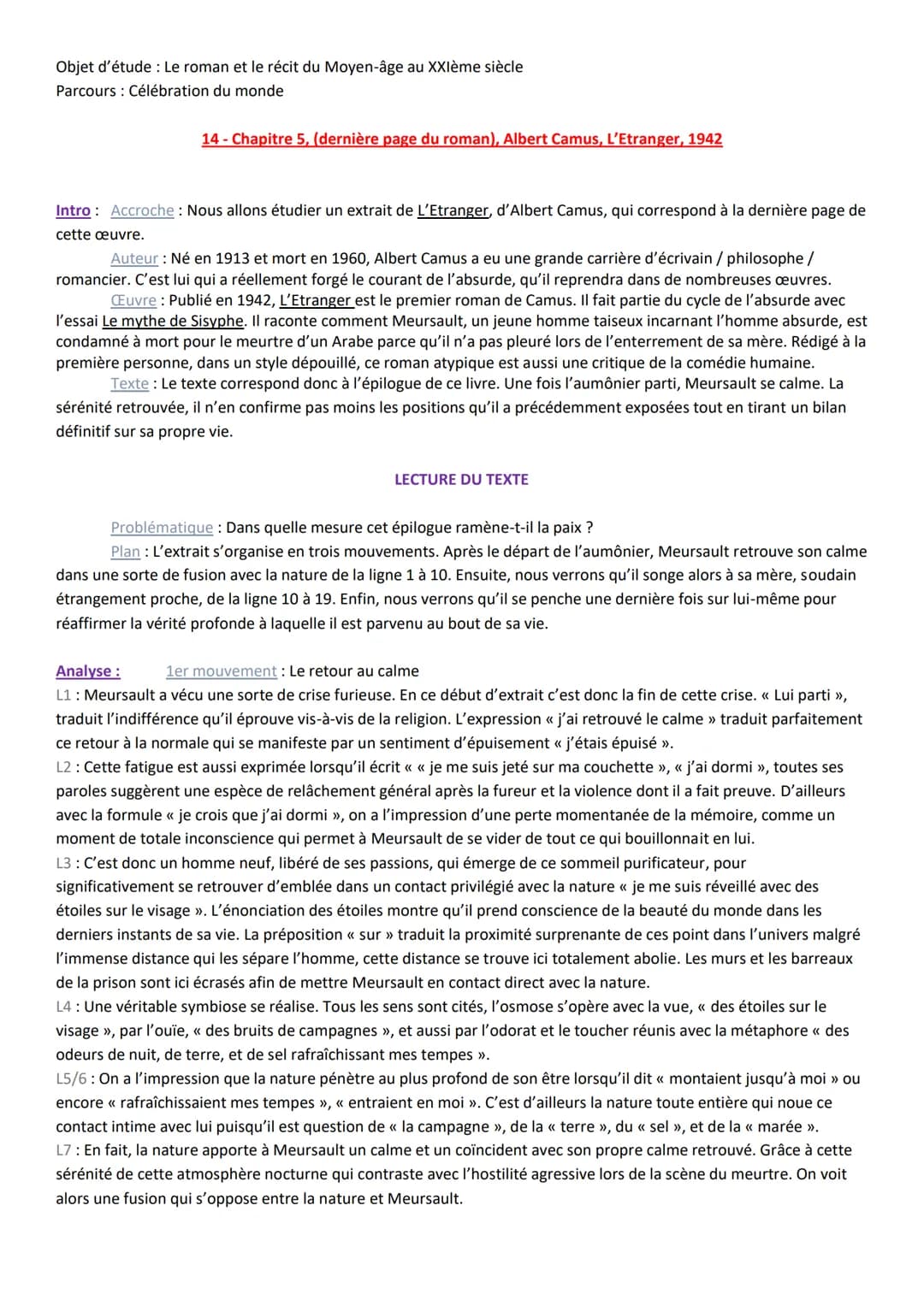 Objet d'étude : Le roman et le récit du Moyen-âge au XXIème siècle
Parcours Célébration du monde
14 - Chapitre 5, (dernière page du roman), 