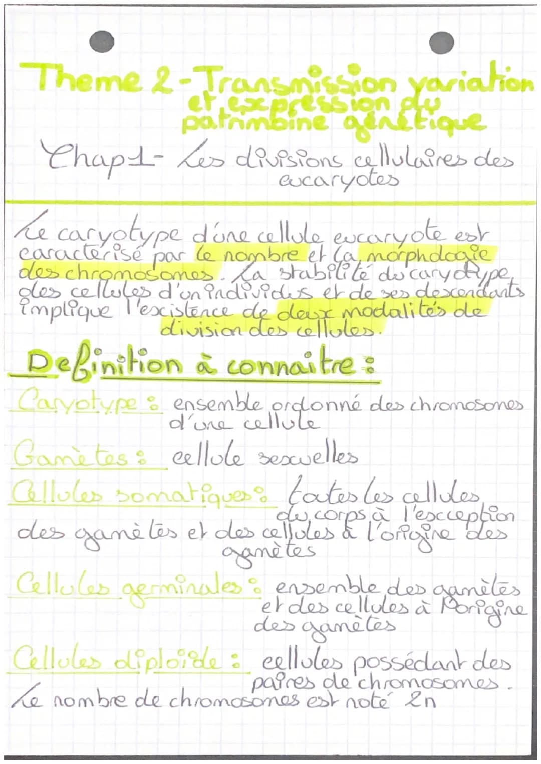 Theme 2-Transmission yariation
patrimbine genetique
Chap 1- Les divisions cellulaires des
eucaryotes
caractérisé
Le caryotype d'une cellule 