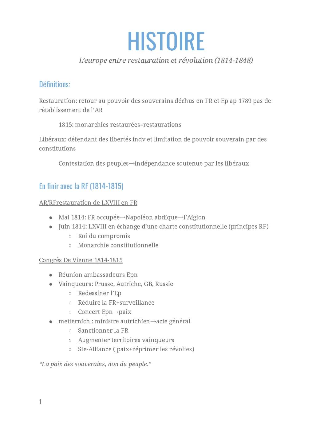 L'Europe : Restauration et Révolutions (1814-1848)