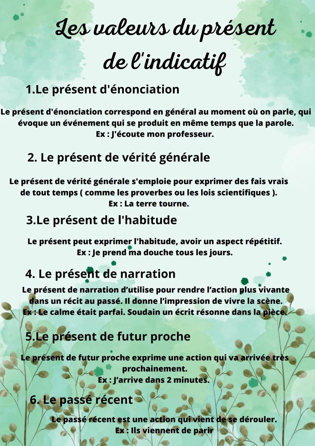Les valeurs du présent
de l'indicatif
1.Le présent d'énonciation
Le présent d'énonciation correspond en général au moment où on parle, qui
é