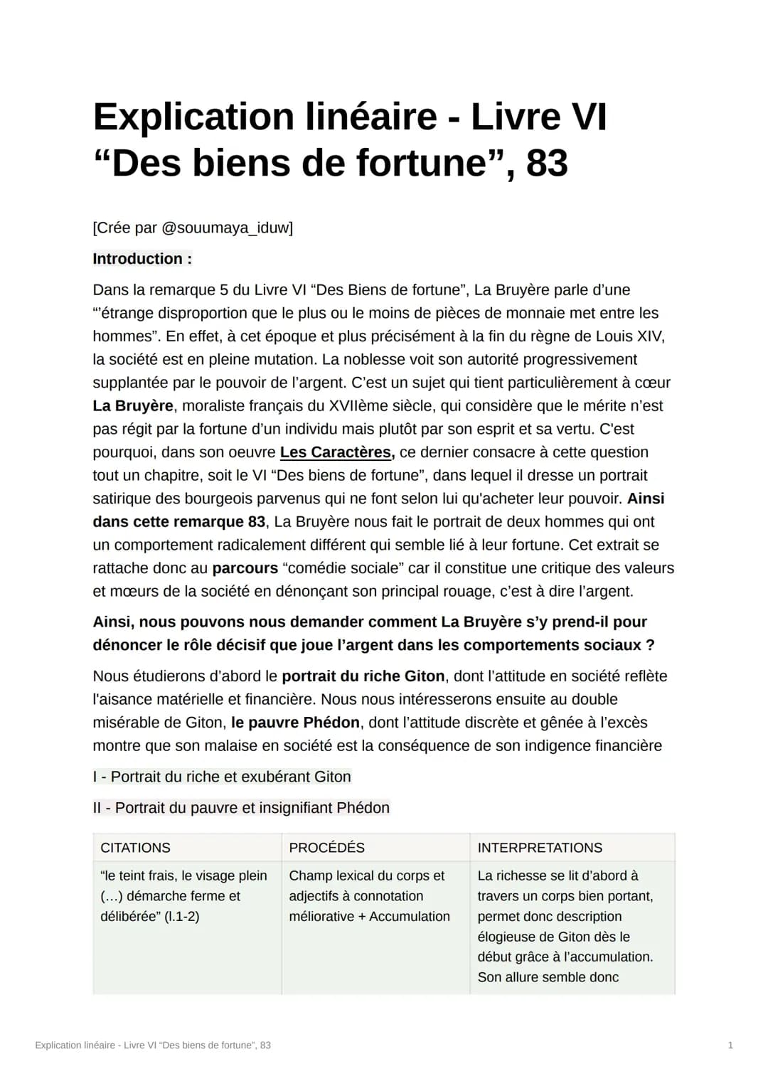  Explication linéaire - «Des Biens de Fortune», 83 (Les Caractères de La Bruyère)
