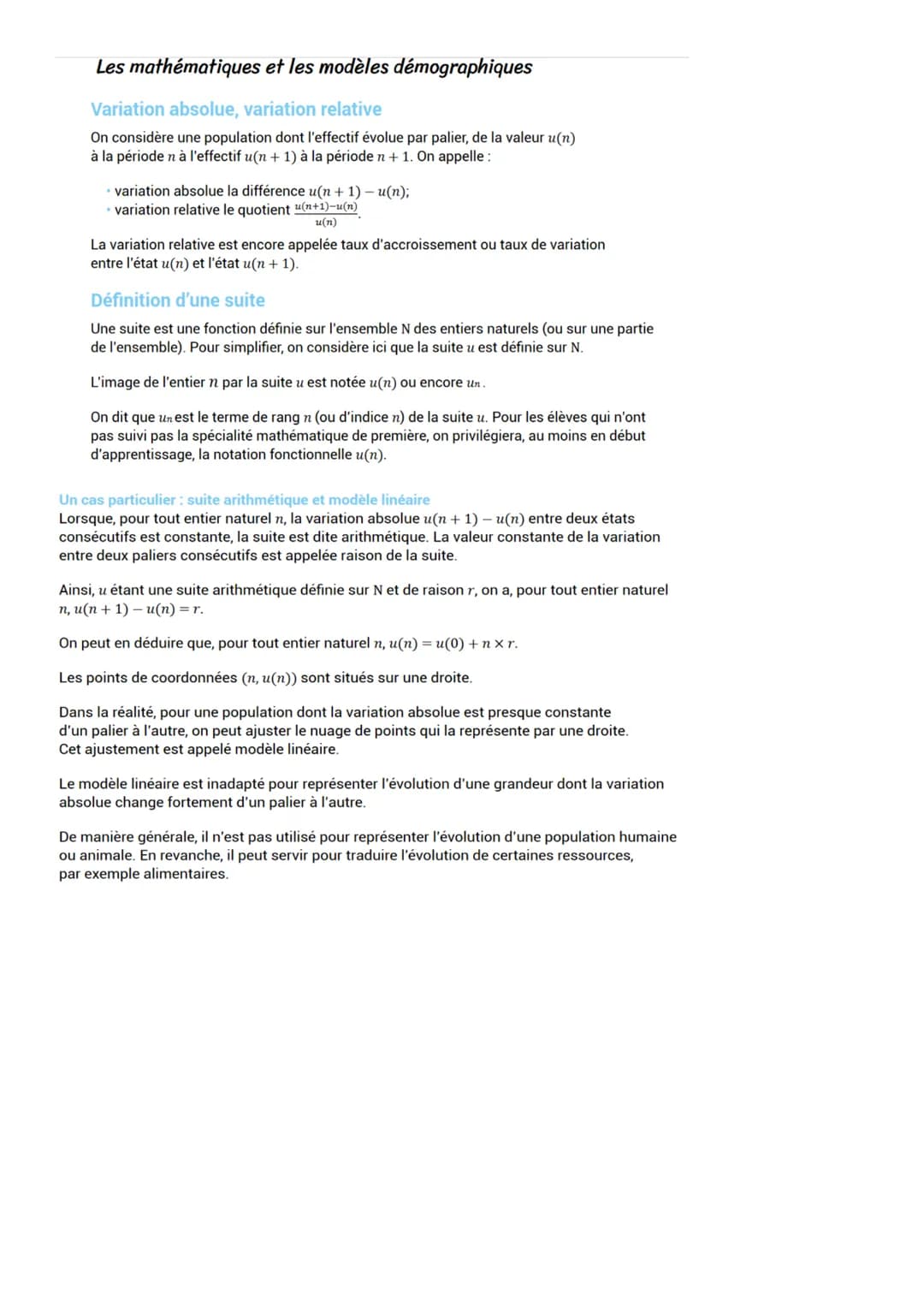 Les mathématiques et les modèles démographiques
Variation absolue, variation relative
On considère une population dont l'effectif évolue par
