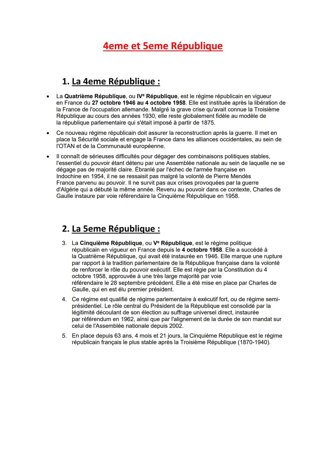 ●
●
4eme et 5eme République
1. La 4eme République :
La Quatrième République, ou IVe République, est le régime républicain en vigueur
en Fran
