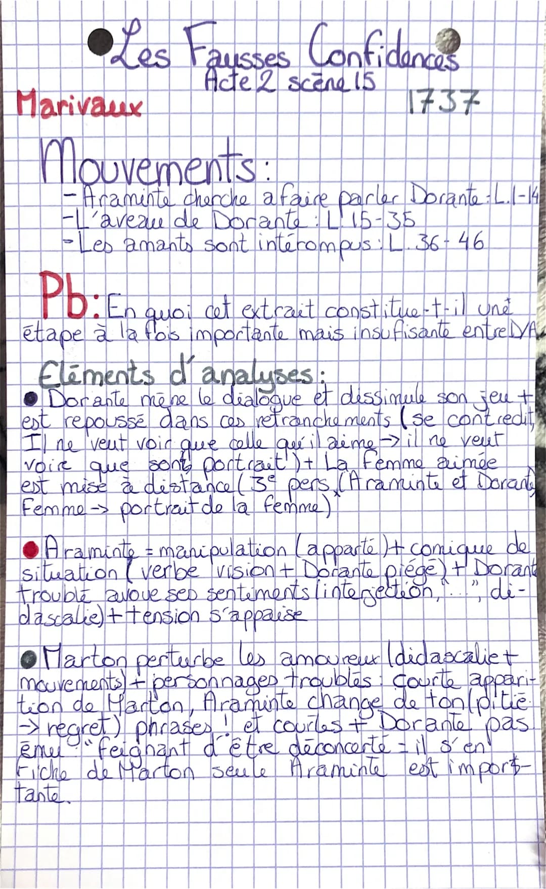 
<p>Acte 2 scène 15</p>
<p>1737 Marivaux</p>
<h2 id="mouvements">Mouvements</h2>
<p>-Araminte cherche à faire parler Dorante - L.1-14<br />
