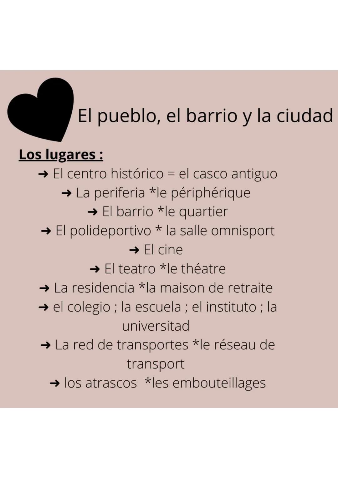 Espagnol
Mots de vocabulaire
sur << El pueblo, el
barrio y la ciudad >>
Instagram: nor.studyi El pueblo, el barrio y la ciudad
Los lugares :