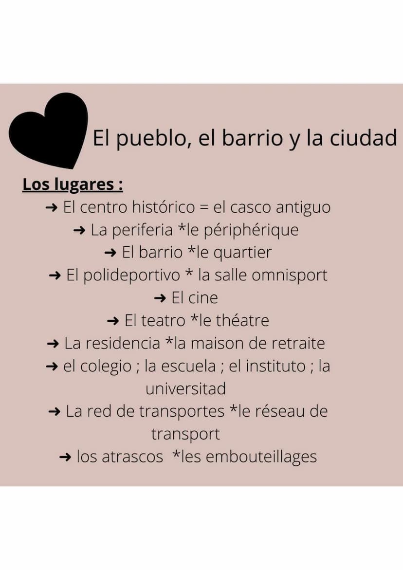 Espagnol
Mots de vocabulaire
sur << El pueblo, el
barrio y la ciudad >>
Instagram: nor.studyi El pueblo, el barrio y la ciudad
Los lugares :