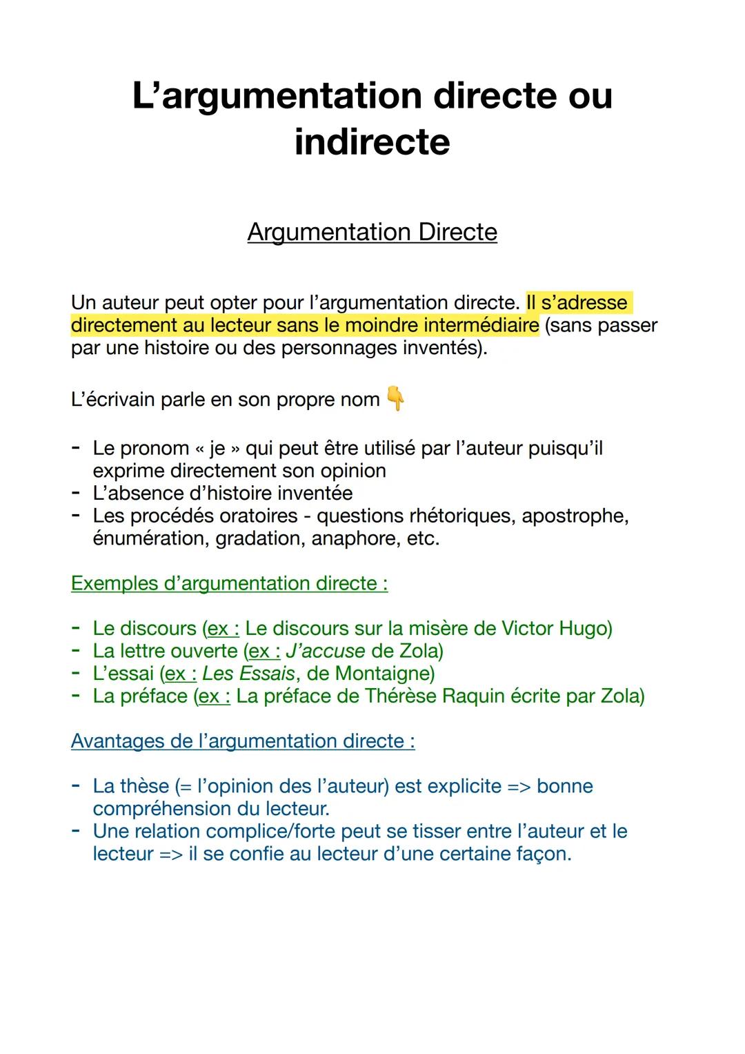 --- OCR Start ---
L'argumentation directe ou
indirecte
Argumentation Directe
Un auteur peut opter pour l'argumentation directe. Il s'adresse