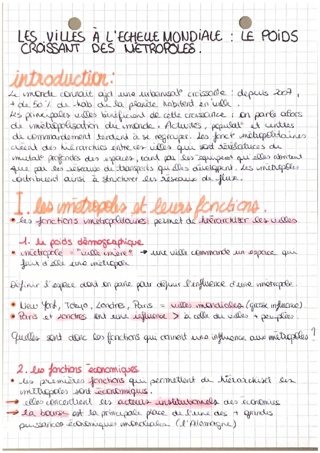 LES VILLES A L'ECHELLE MONDIALE: LE POIDS
CROISSANT DES METROPOLES.
introduction:
Le monde connait ajd une urbanisat croissante depuis 2007
