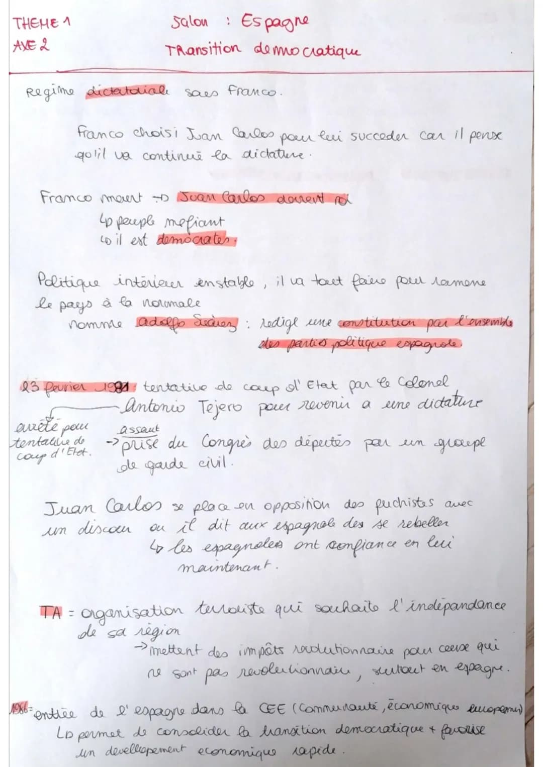 THEHE 1
AXE 2
Salon : Espagne
Transition democratique
Regime dictatoriale
saes Franco.
franco choisi Juan Carlos pou lui succeder car il per