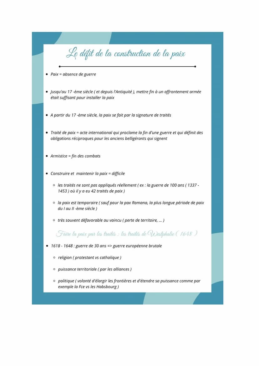 Axe 2:
Le défit de la
2 construction de la paix Le défit de la construction de la paix
• Paix = absence de guerre
• Jusqu'au 17 -ème siècle 