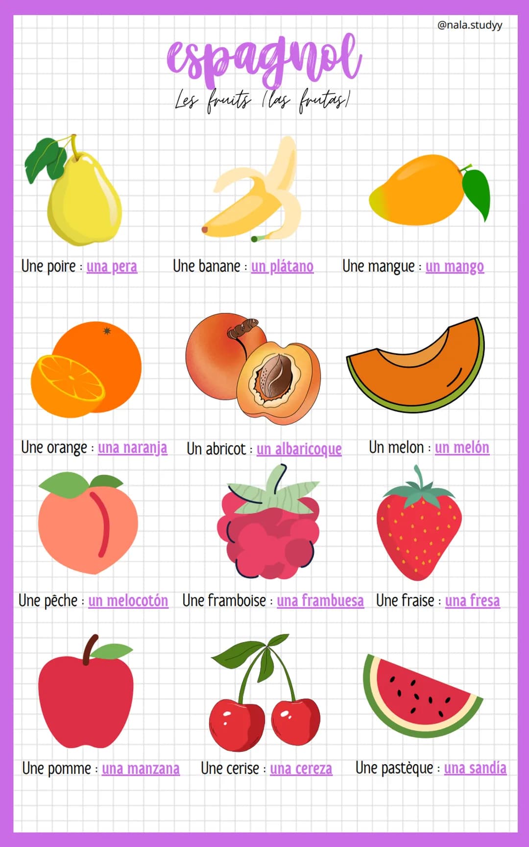 Une poire una pera
:
espagnol
Les fruits (las frutas/
2
Une banane: un plátano
@nala.studyy
Une mangue: un mango
>
Une orange una naranja Un
