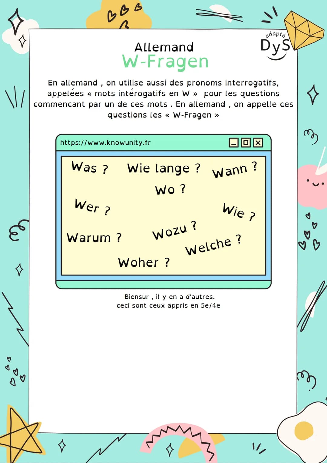 □
\\/
89
ВВВ
B
Allemand
W-Fragen
En allemand, on utilise aussi des pronoms interrogatifs,
appelées « mots intérogatifs en W» pour les questi