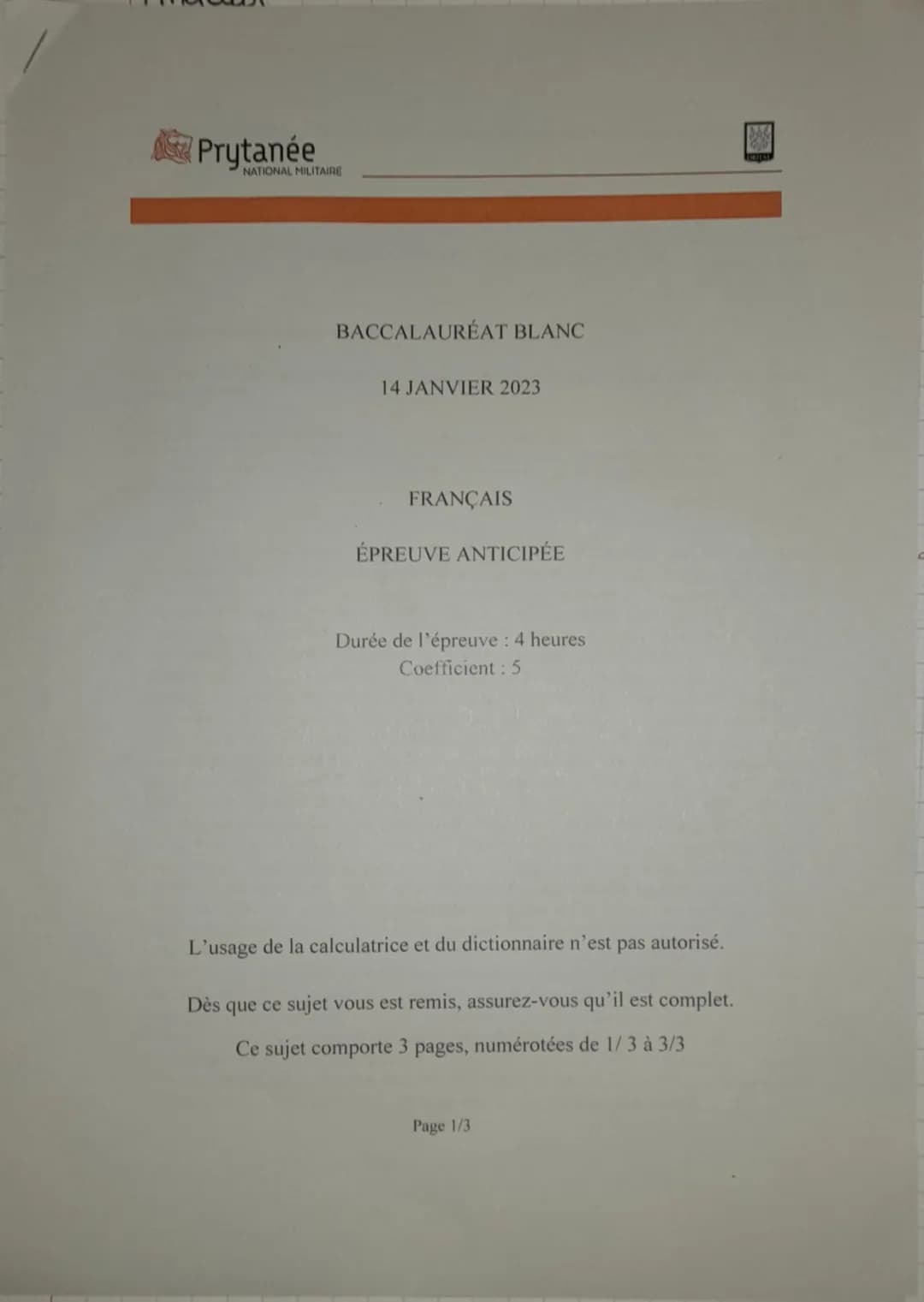 Prytanée
NATIONAL MILITAIRE
BACCALAURÉAT BLANC
14 JANVIER 2023
FRANÇAIS
ÉPREUVE ANTICIPÉE
Durée de l'épreuve : 4 heures
Coefficient : 5
L'us