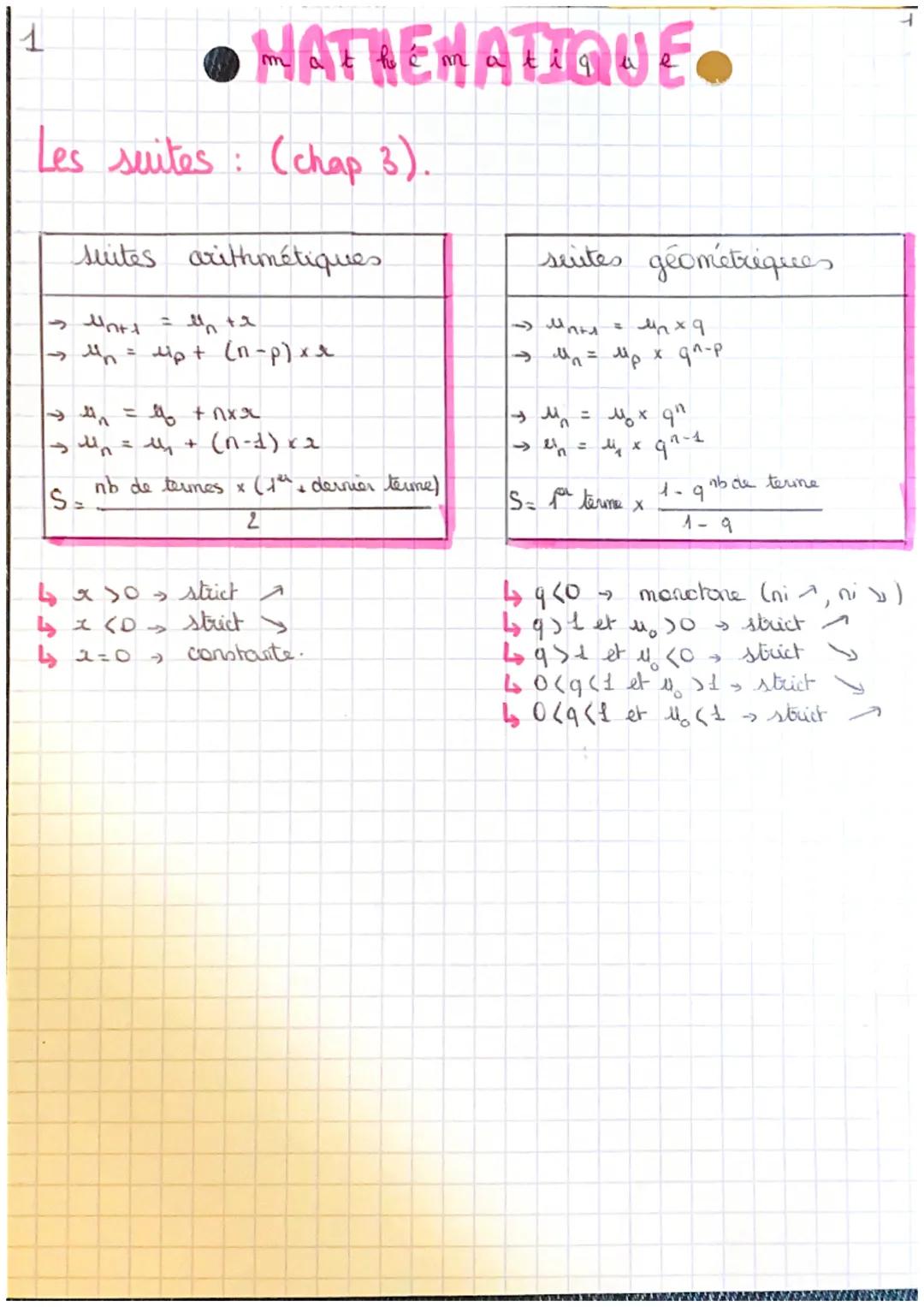 1

• MATHEMATIQUE.

Les suites: (chap 3).

suites arithmétiques

$
\rightarrow u_{n+1} = u_n + x$
$
\rightarrow u_n = u_p + (n-p) x x$
$
\ri