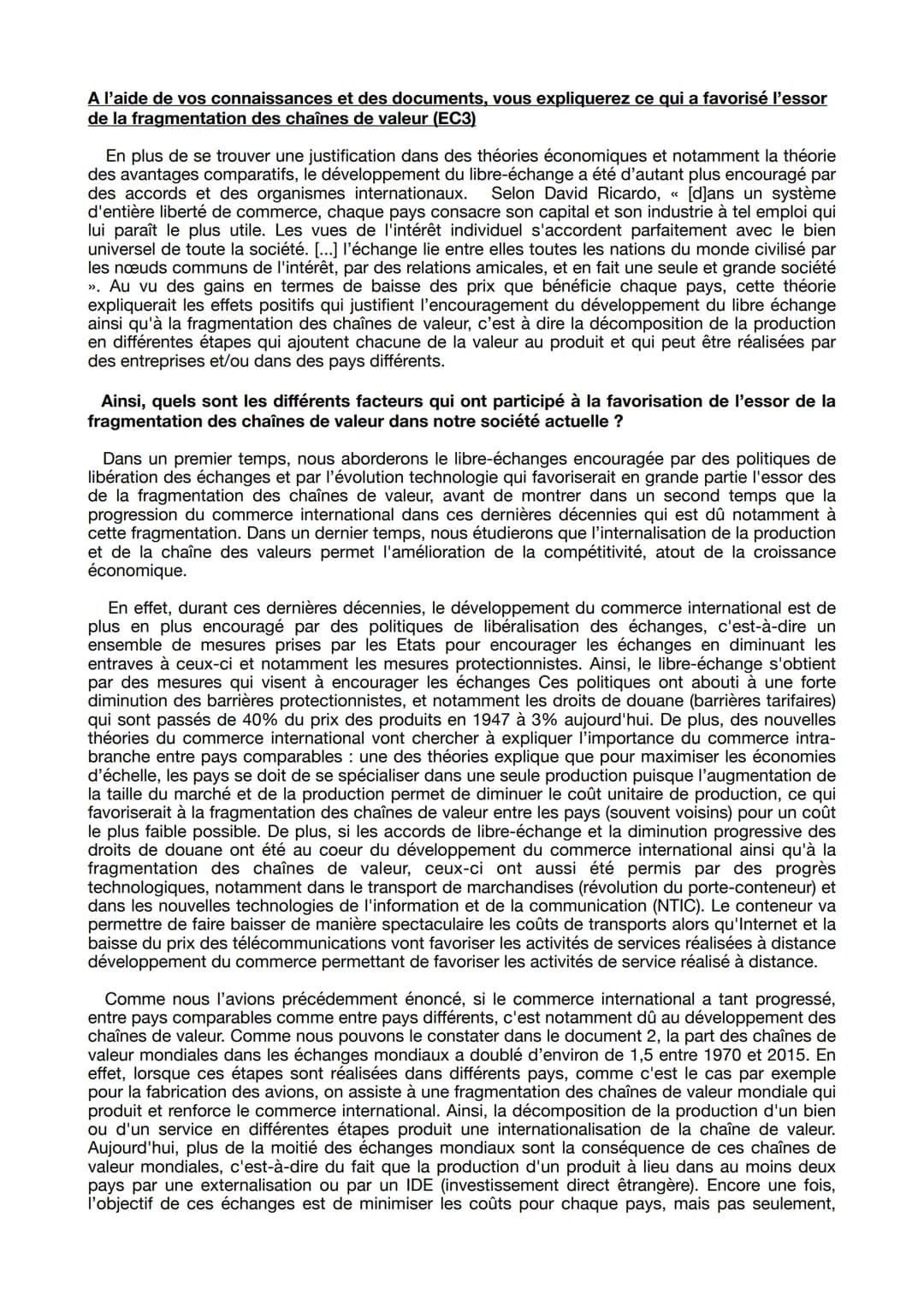 A l'aide de vos connaissances et des documents, vous expliquerez ce qui a favorisé l'essor
de la fragmentation des chaînes de valeur (EC3)
E