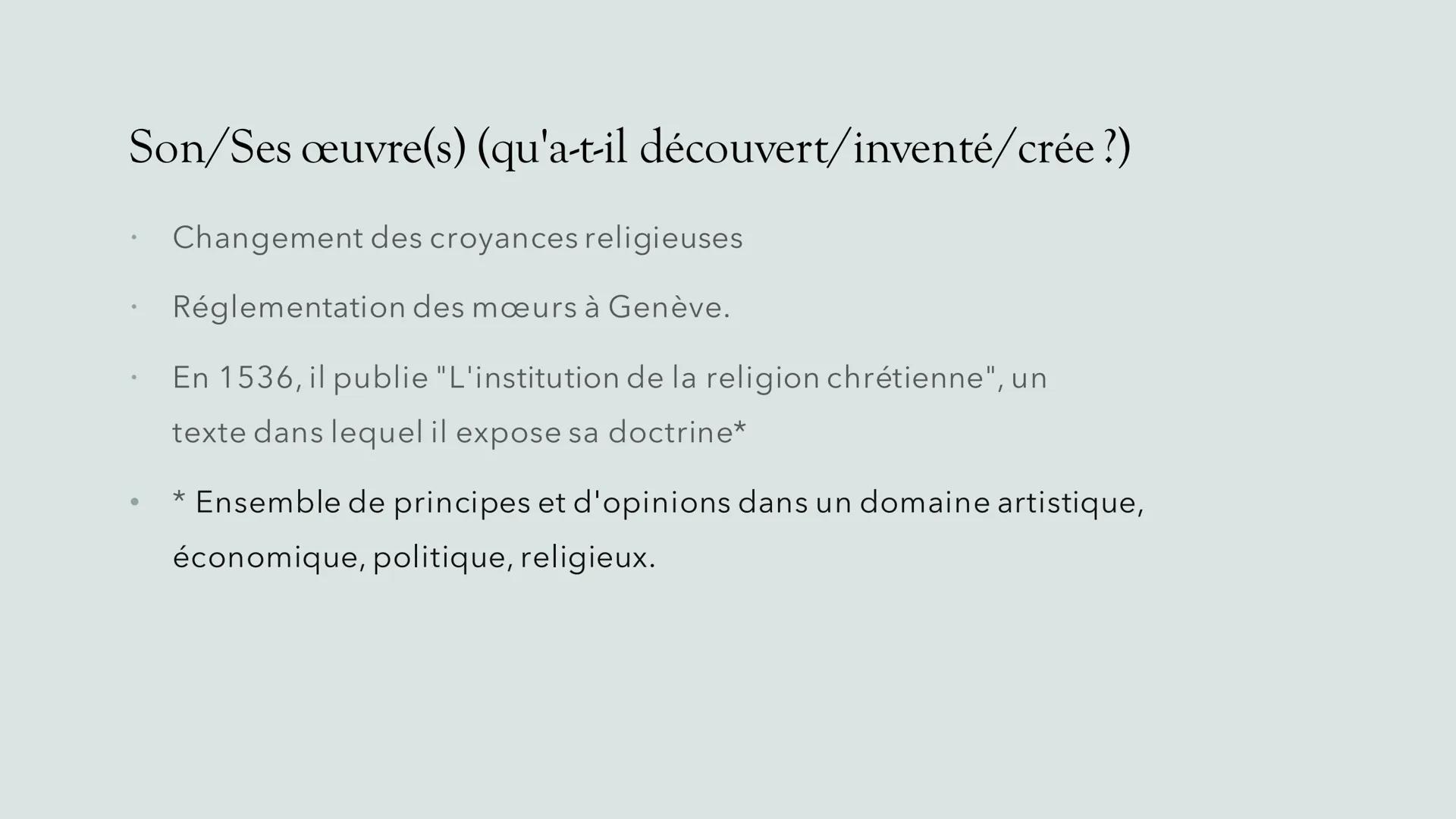 Jean Calvin et
l'église réformée
Exposé crée par Sloane
O
O
///// Présentation du personnage
Prénom et nom: Jean Calvin
Date de naissance : 