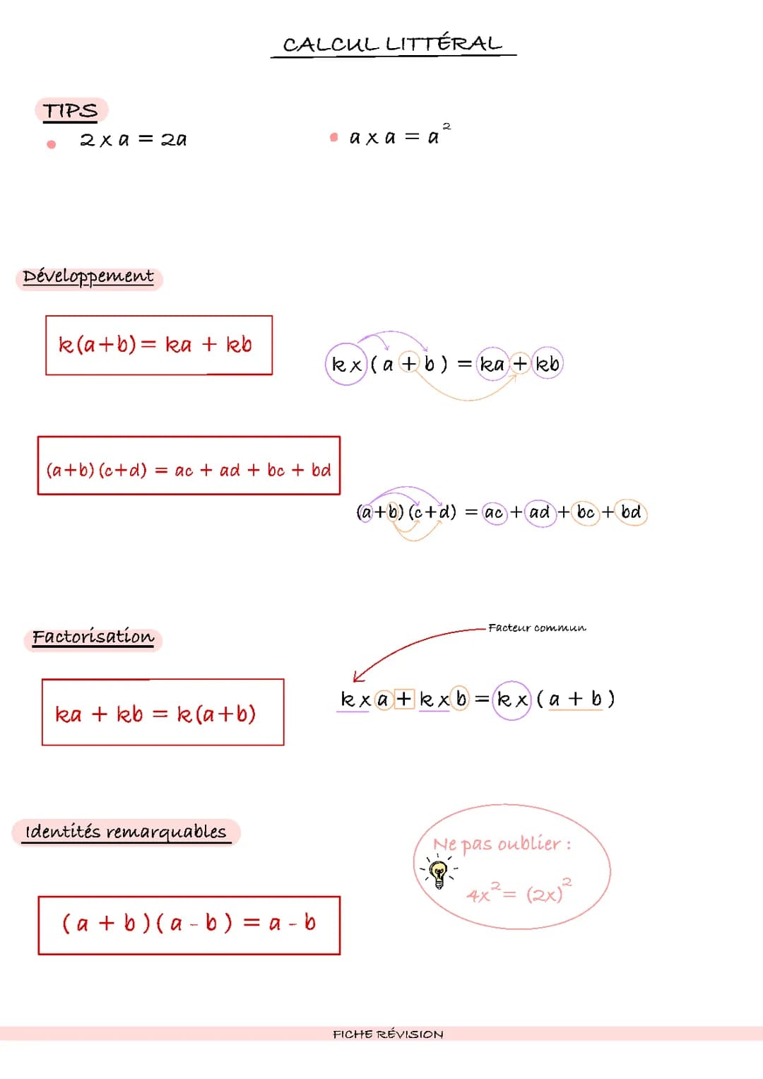 Fiche Révision - Calcul Littéral 