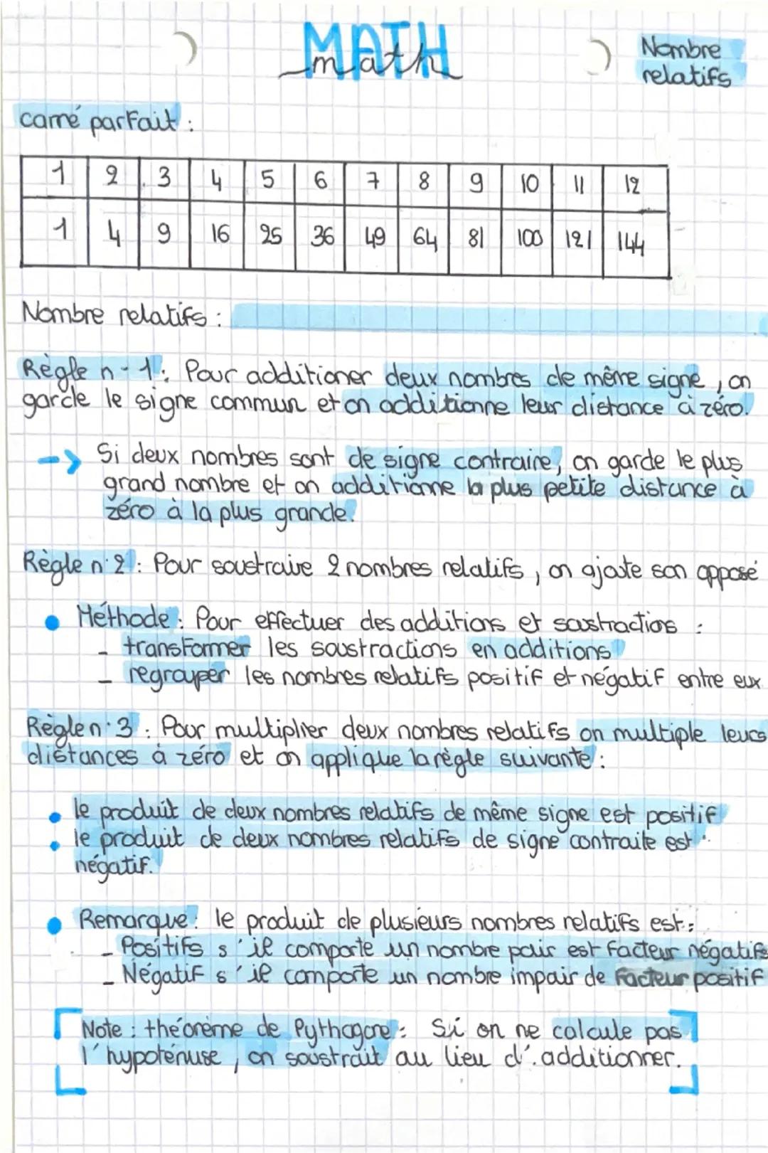 --- OCR Start ---
camé parfait:
MATH
Nombre
relatifs
1	2	3	4	5	6	7	8	9	10	11	12
1	4	9	16	25	36	49	64	81	100	121	144
Nombre relatifs:
Règle n