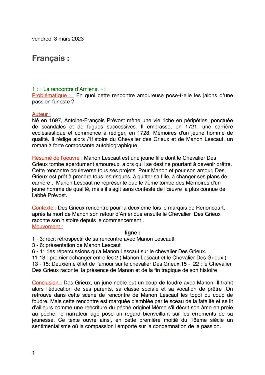 vendredi 3 mars 2023
Français :
1: « La rencontre d'Amiens. » :
Problématique : En quoi cette rencontre amoureuse pose-t-elle les jalons d'u