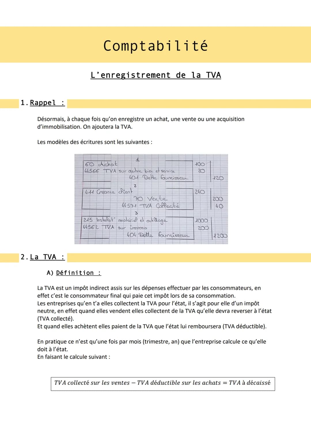 1. Rappel
Comptabilité
L'enregistrement de la TVA
Désormais, à chaque fois qu'on enregistre un achat, une vente ou une acquisition
d'immobil