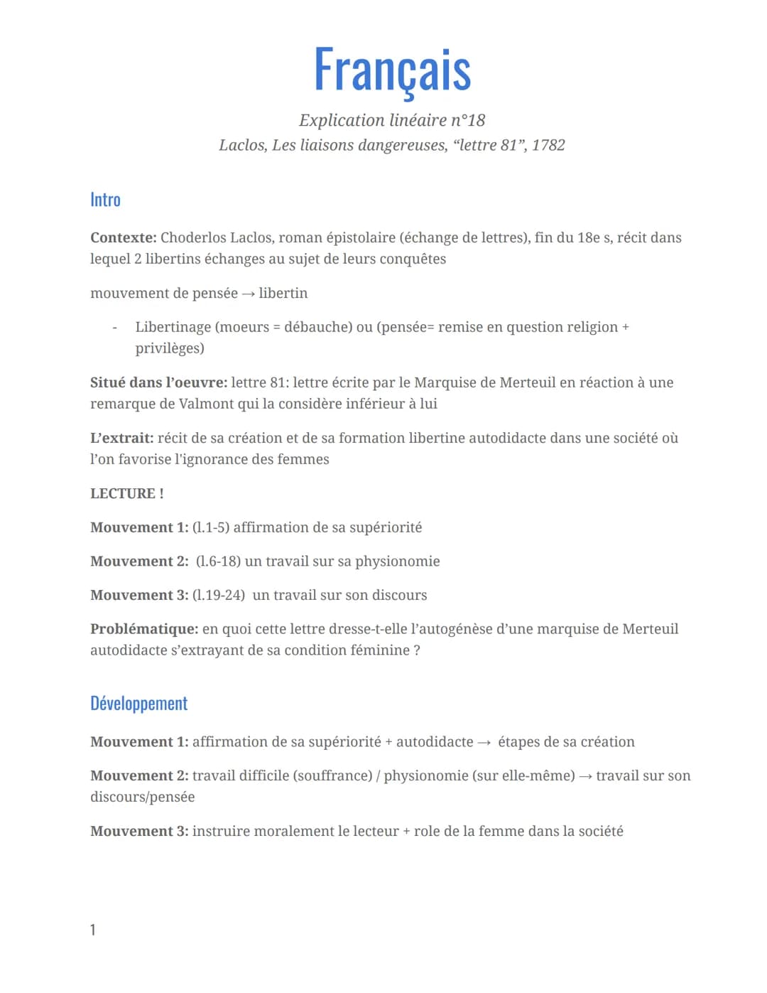 Intro
Contexte: Choderlos Laclos, roman épistolaire (échange de lettres), fin du 18e s, récit dans
lequel 2 libertins échanges au sujet de l