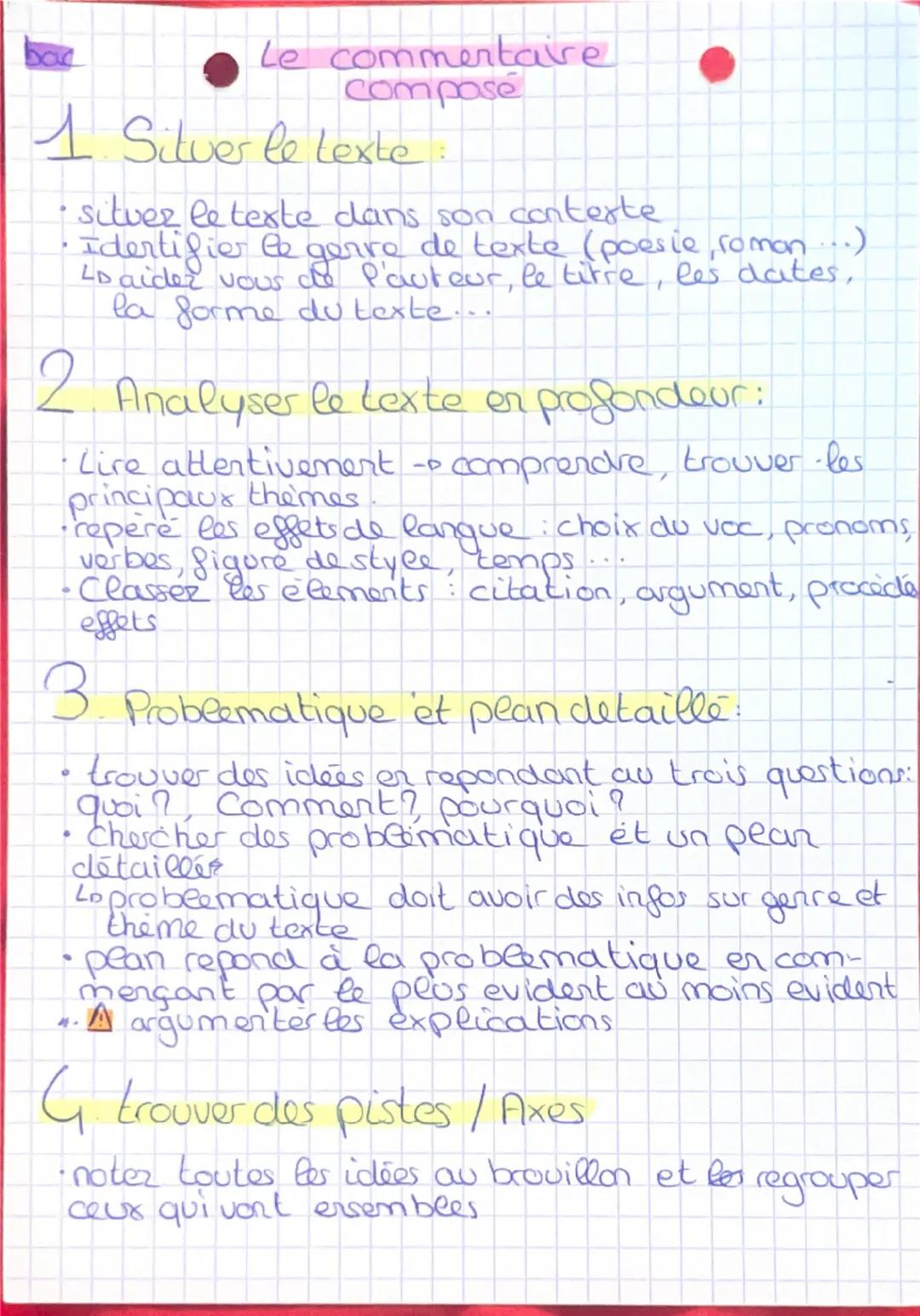 Le commentaire
composé
1 Situer le texte
• situer le texte dans son contexte
• Identifier le genre de texte (poésie, roman...)
• L’aider vou